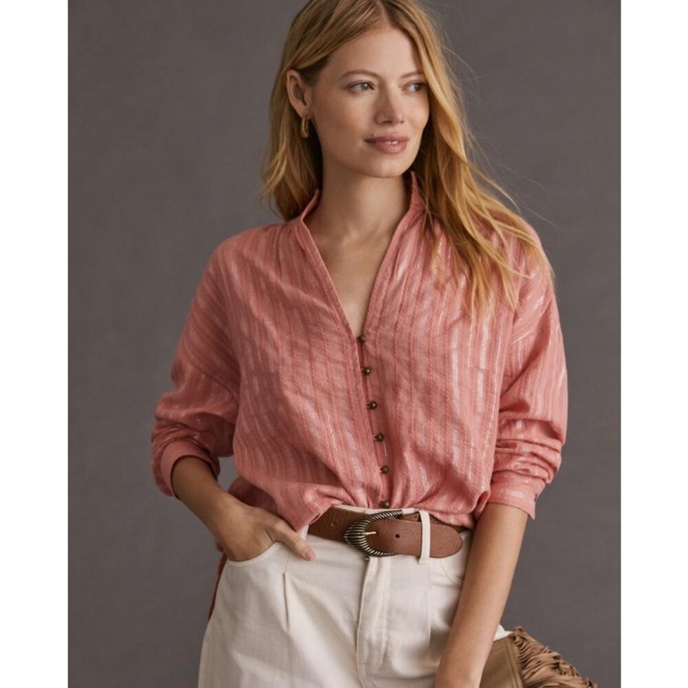 Anthropologie Pilcro Womens The Tavi Button Down Shirt Size M Salmon Pink